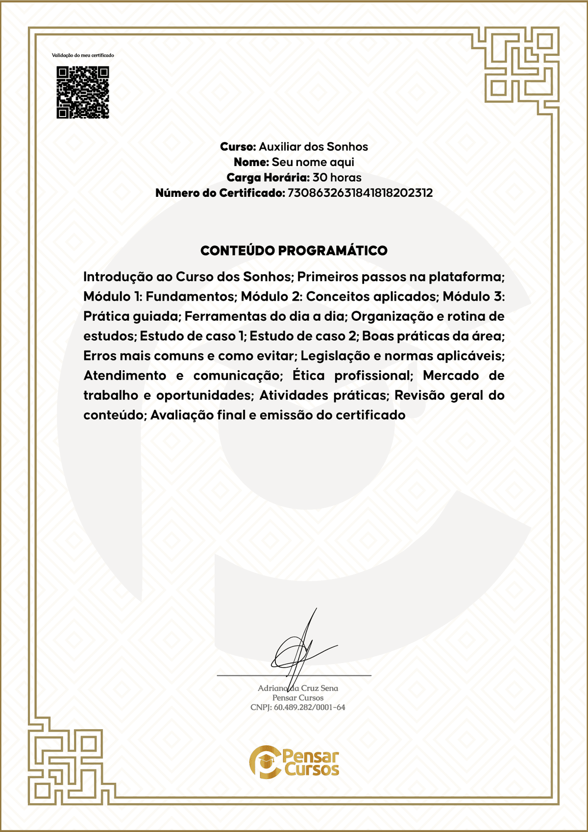 Verso do Certificado