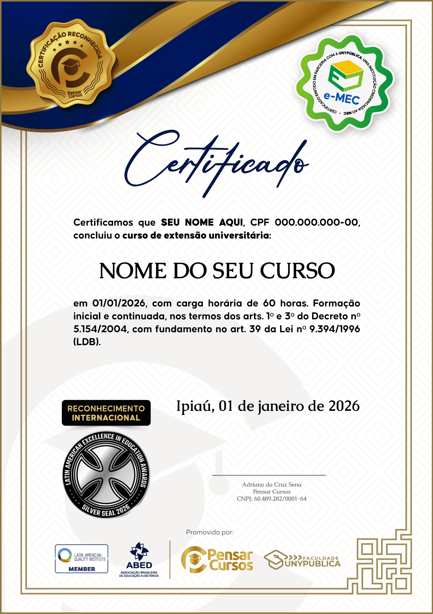 Frente do certificado com Selo MEC