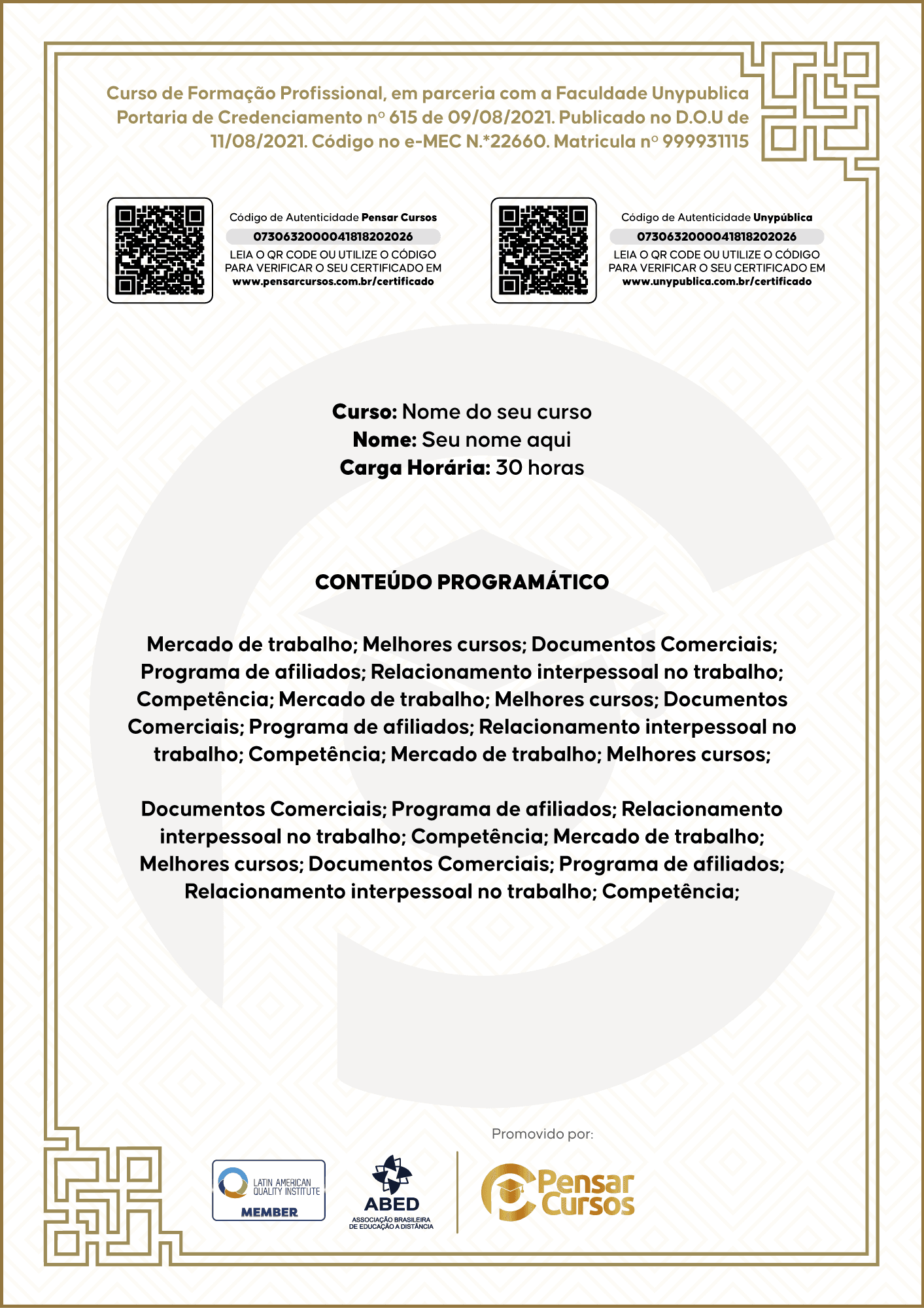 Verso do certificado, com os códigos de autenticidade