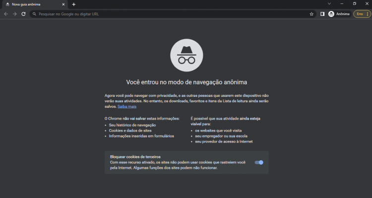 Guia anônima do Google Chrome. Imagem: