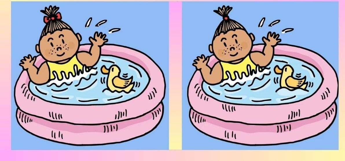 Jogo de três erros: encontro de diferenças entre as imagens da bebê na piscina em 20 segundos