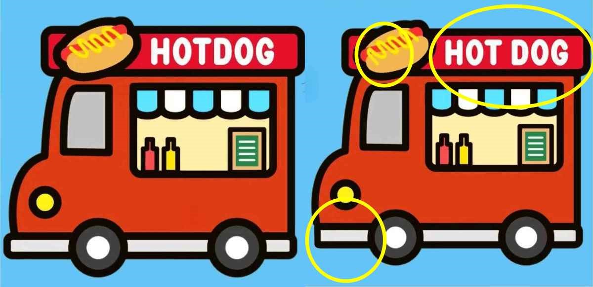 Encontre as diferenças entre os carros de cachorro quente e resolva esse jogo de 3 erros em apenas 10 segundos