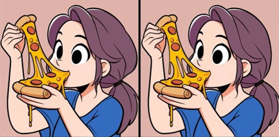 Desafio dos três erros: encontre as diferenças entre as imagens da menina comendo pizza em 10 segundos