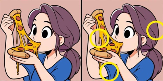 Desafio dos três erros: encontre as diferenças entre as imagens da menina comendo pizza em 10 segundos