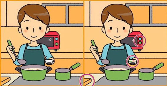 Jogo dos 3 erros: Encontre as diferenças entre as imagens do menino cozinhando