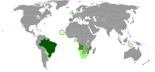 Nove países em quatro continentes adotam a língua portuguesa como idioma oficial (Imagem: Portugues.com.br).