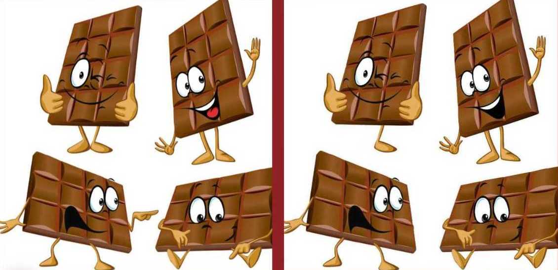 Encontre três diferenças na imagem da barra de chocolate.