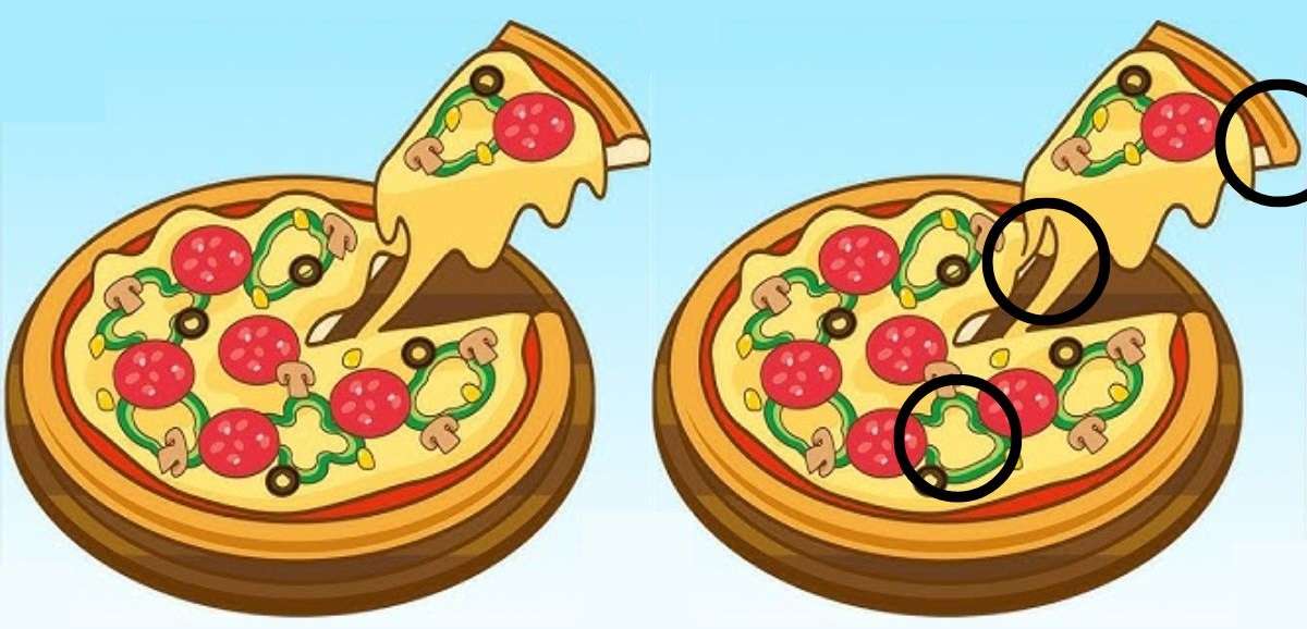 Resposta de onde estão as três diferenças na imagem da pizza.