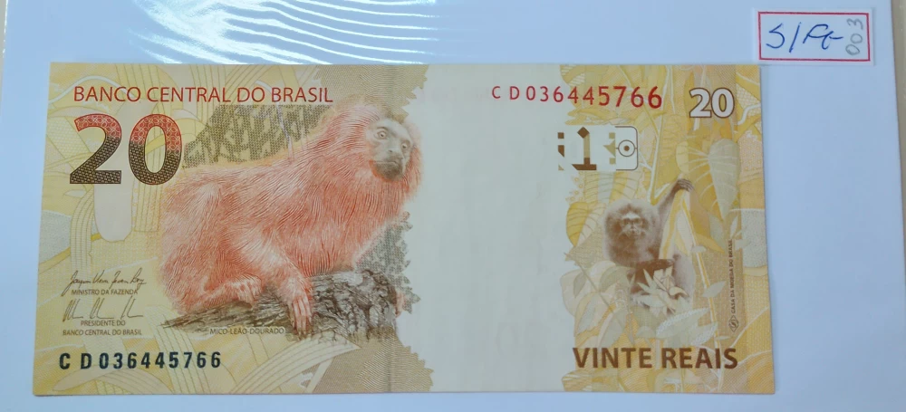 Exemplo de cédula de 20 reais rara com letra CD e número de série valiosa. Imagem: Finum Cédulas