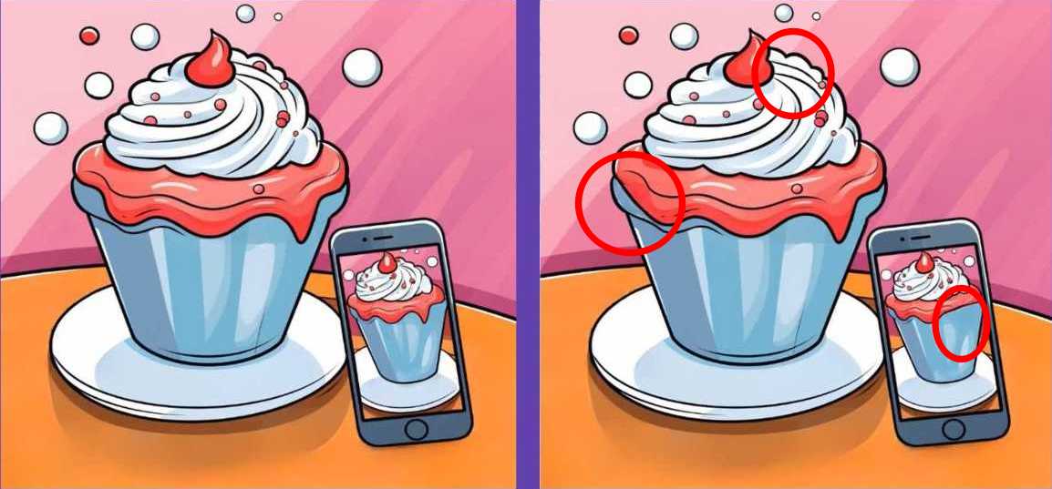 Encontre 3 diferenças entre as imagens dos cupcakes em 15 segundos!