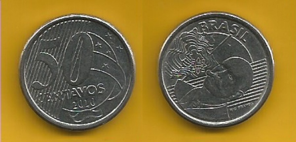 Moeda de 50 centavos com reverso horizontal 