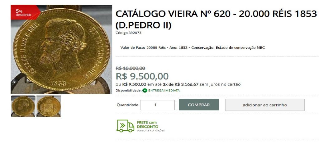 Valor da Moeda 20.000 réis 1853 D.PEDRO II