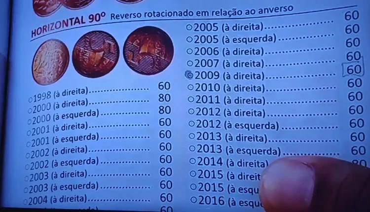 Valores da moeda de 5 centavos com reverso horizontal