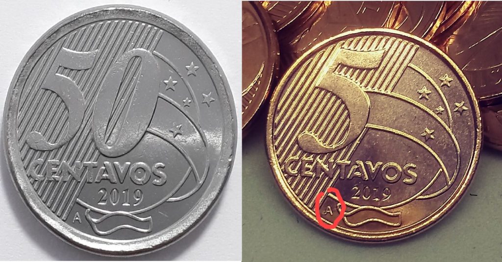 Moeda de 5 e 50 centavos com letra A 