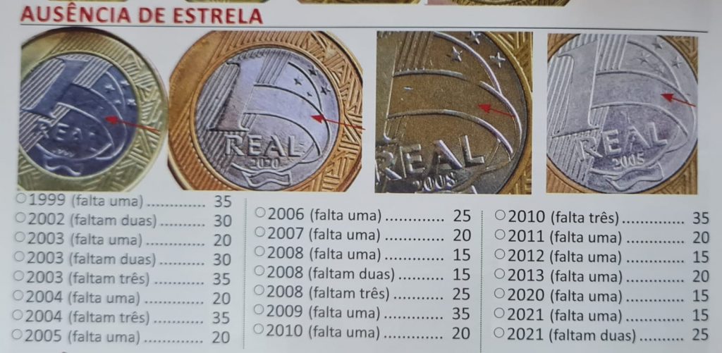 Moedas de 1 real com ausência de estrelas