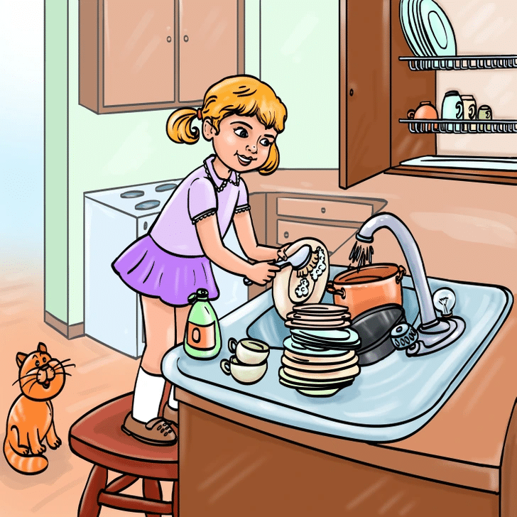 teste visual menina lavando pratos na cozinha