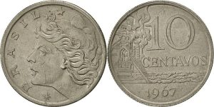 Moeda de 10 centavos de 1967, com valor de até R$280 devido a defeitos de cunhagem.