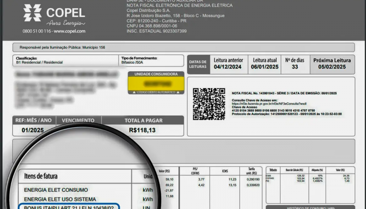 Conta de luz da Copel com destaque para o Bônus Itaipu, indicando possíveis descontos.