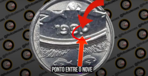 Erro de cunhagem na moeda de 5 centavos de 1990: ponto visível entre o 9 e o 0.