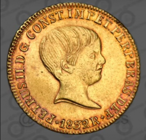 Moeda rara de 4000 réis de 1822, com a efígie de Dom Pedro II ainda criança, uma das mais valiosas da história numismática brasileira.