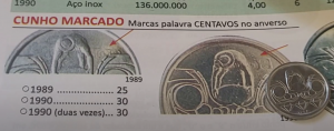 Catálogo numismático mostrando valores da moeda do garimpeiro com erro de cunhagem.