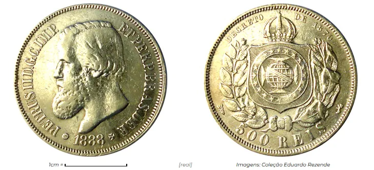 Moeda de 500 réis do Brasil Imperial, com busto de D. Pedro II e brasão nacional.