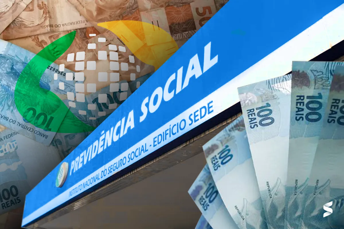 Imagem com o logo do INSS e cédulas de 100 reais, representando o calendário de pagamentos do INSS