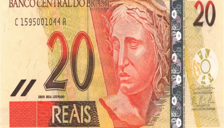 Cédula de 20 Reais, frente, com a imagem de Efígie da República Brasileira