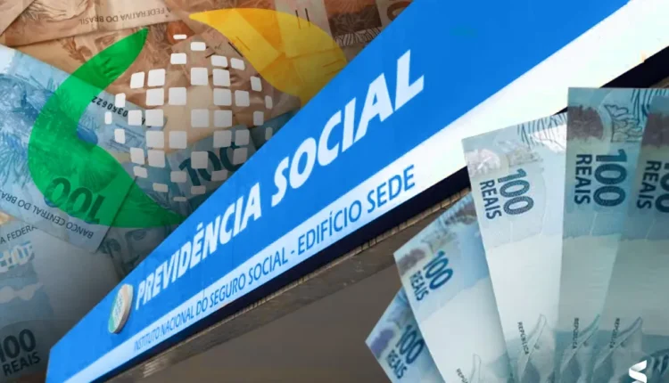 Fachada da Previdência Social com notas de dinheiro ao fundo, representando antecipação de pagamentos.