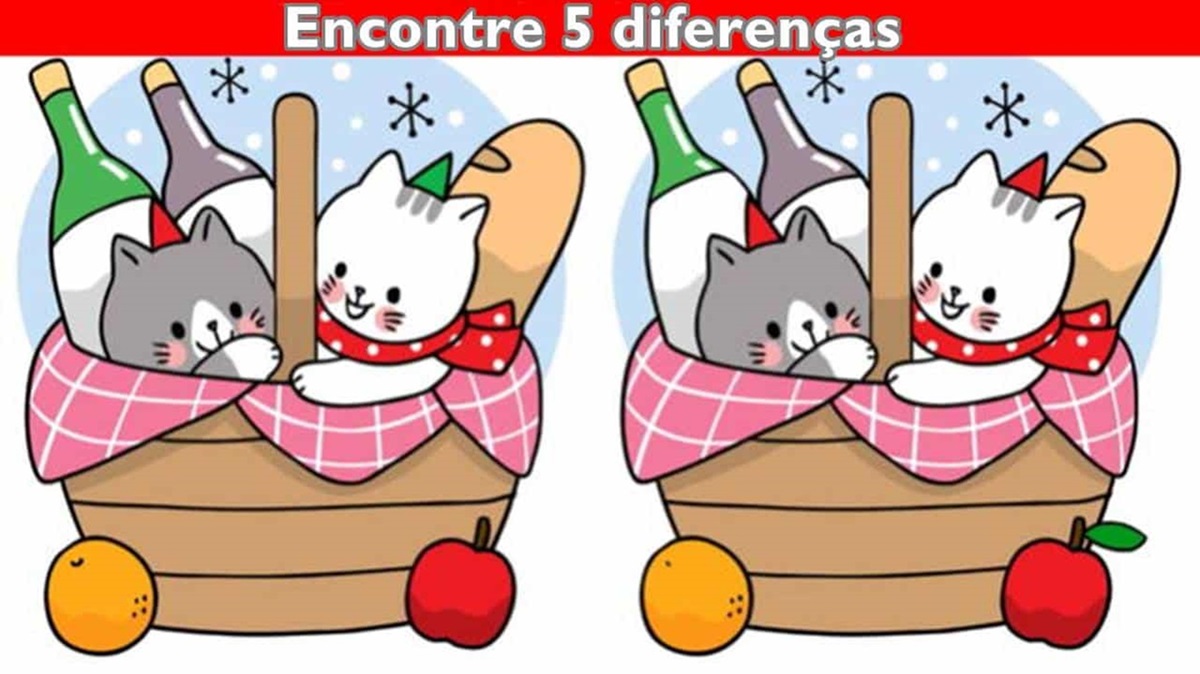 Comparação de duas cestas contendo gatos, garrafas de vinho e baguetes, com diferenças escondidas.