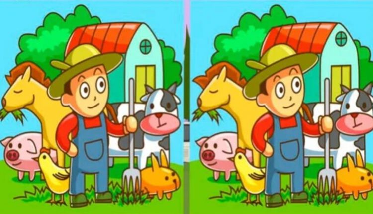 Desafio visual com uma ilustração colorida de um fazendeiro cercado por seus animais, incluindo um cavalo, uma vaca, um porco, um coelho e uma galinha, com pequenas diferenças entre duas versões da imagem.