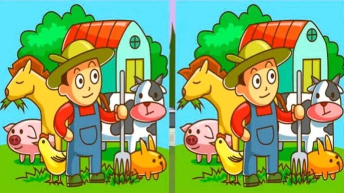 Desafio visual com uma ilustração colorida de um fazendeiro cercado por seus animais, incluindo um cavalo, uma vaca, um porco, um coelho e uma galinha, com pequenas diferenças entre duas versões da imagem.