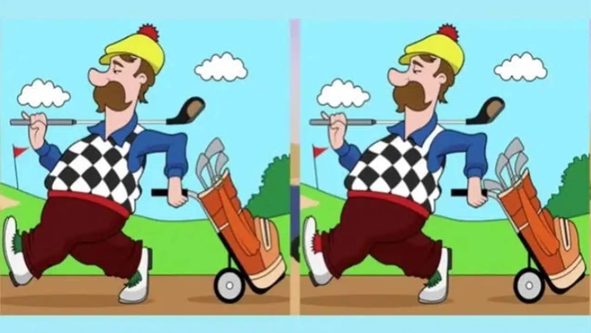 Ilustração de um homem jogando golfe com duas imagens lado a lado apresentando pequenas diferenças.