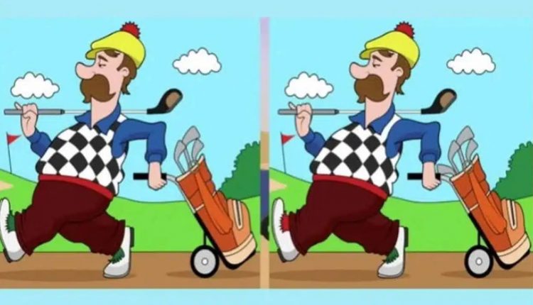 Teste de QI com uma ilustração de um homem jogando golfe com duas imagens lado a lado apresentando pequenas diferenças.