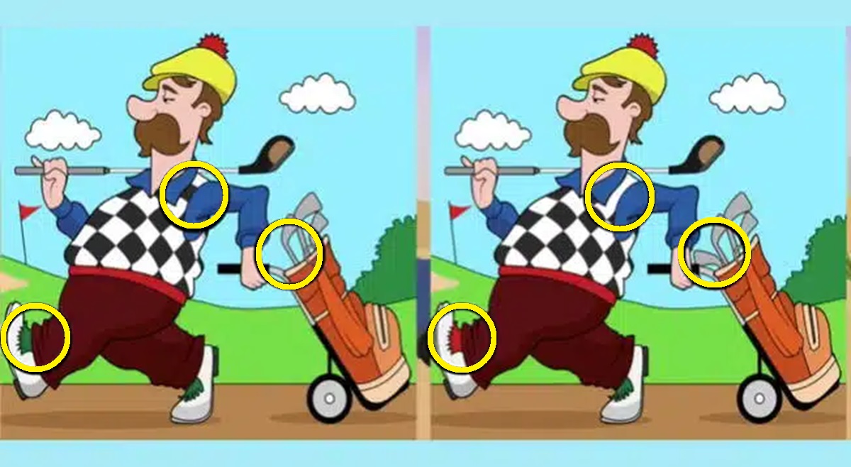 Solução do teste de QI com uma ilustração de um homem jogando golfe com duas imagens lado a lado apresentando pequenas diferenças.