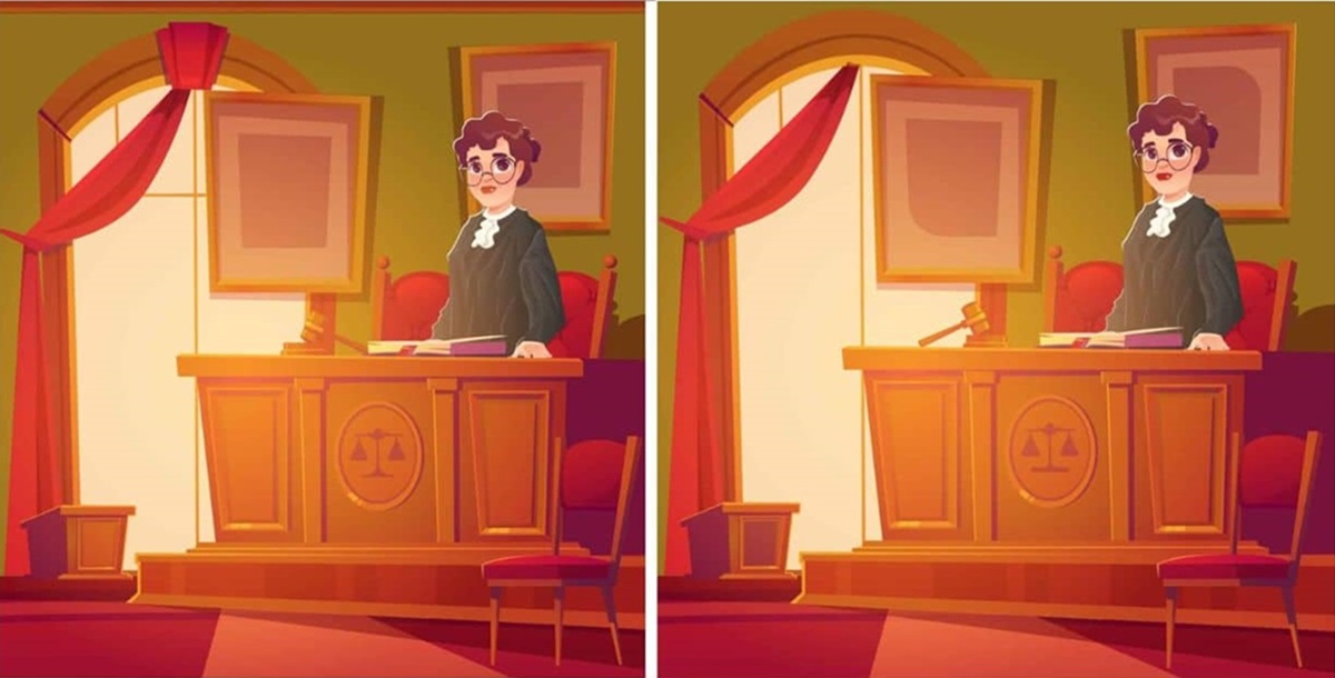 Ilustração de uma juíza em um tribunal, com duas versões da imagem lado a lado contendo diferenças sutis entre elas.