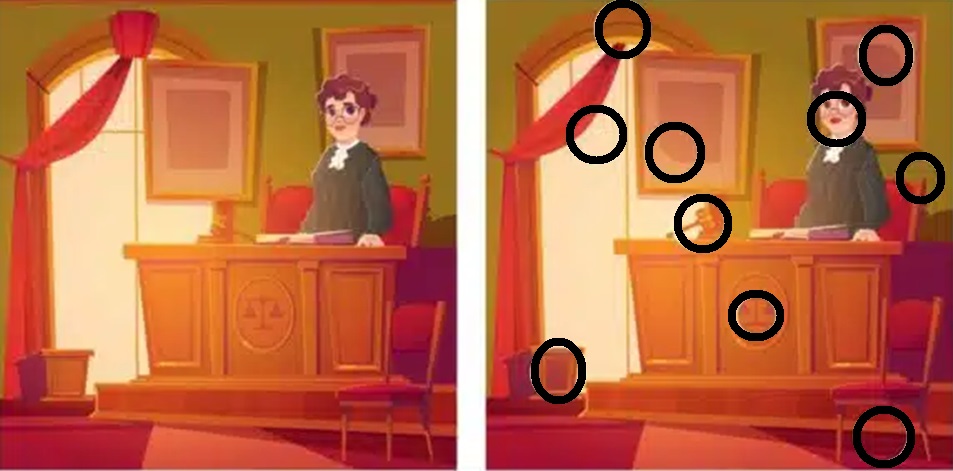 Solução da ilustração de uma juíza em um tribunal, com duas versões da imagem lado a lado contendo diferenças sutis entre elas.