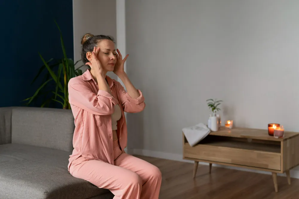 Mulher sentada no sofá praticando técnicas de relaxamento para reduzir o estresse crônico.