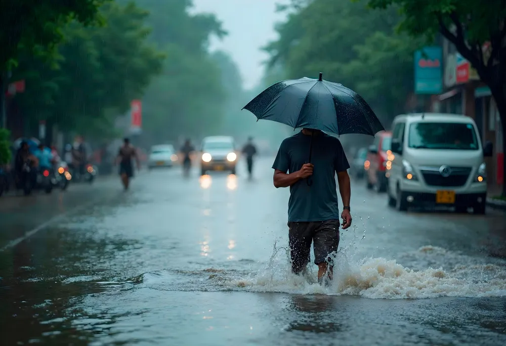 Homem caminhando por rua alagada segurando um guarda-chuva sob forte chuva.