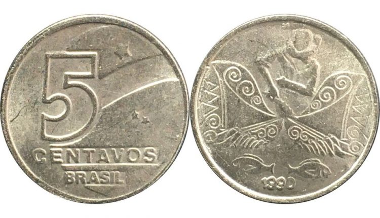 Moeda de 5 centavos de 1990 com o pescador, que pode ser valiosa se tiver um erro de cunhagem entre o 9 e o 0.