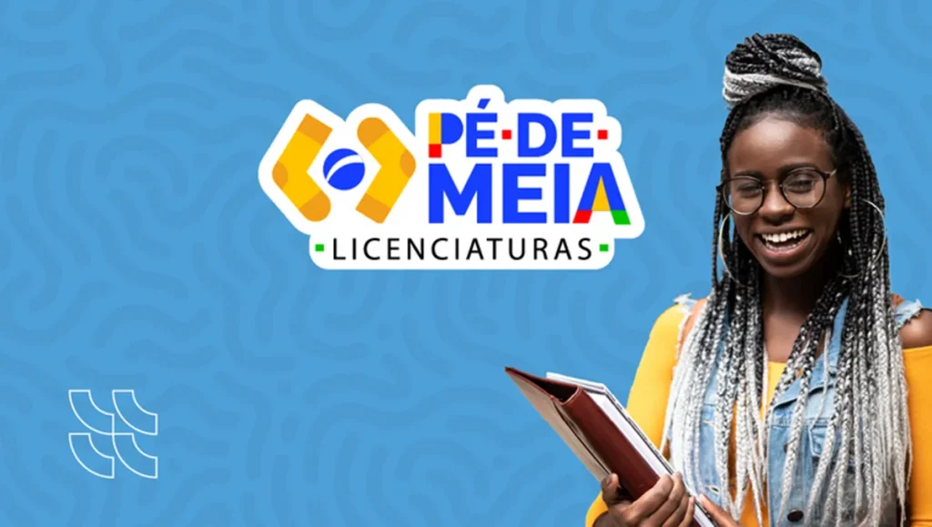 Estudante segurando livros ao lado do logotipo do programa Pé-de-Meia Licenciaturas.