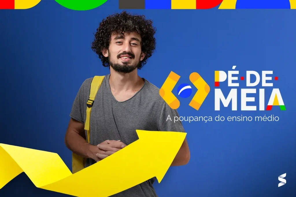 Estudante sorridente com mochila amarela ao lado do logo do Pé-de-Meia, representando o incentivo financeiro para o ensino médio.