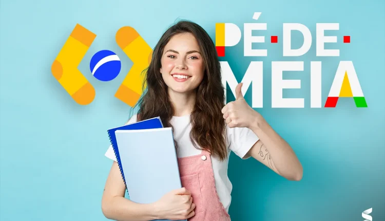 Estudante feliz com o material escolar, destacando o programa Pé-de-Meia, com fundo colorido e o logo do programa