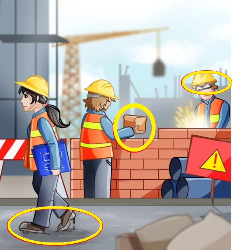 Solução do raciocínio lógico com ilustração de trabalhadores em uma obra, usando equipamentos de segurança, enquanto constroem um muro de tijolos.