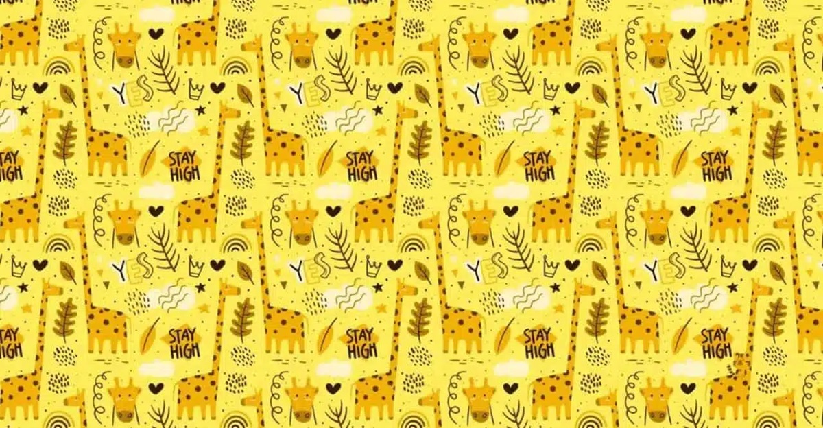  Padrão divertido com girafas, folhas e elementos abstratos em tons de amarelo.