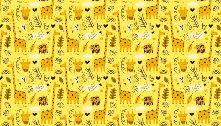 Teste de QI padrão divertido com girafas, folhas e elementos abstratos em tons de amarelo.