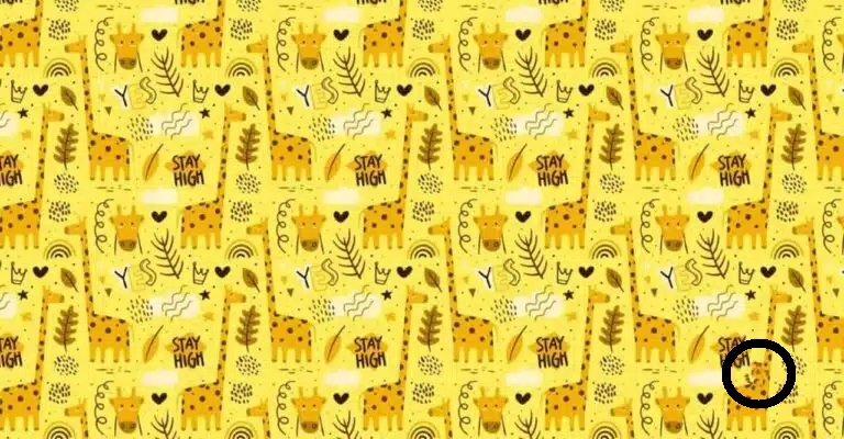 Solução do teste de QI com padrão divertido de girafas, folhas e elementos abstratos em tons de amarelo.