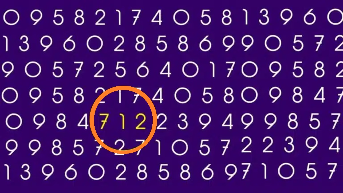 Solução do teste de QI encontre número 712 em uma grade numérica em fundo roxo.