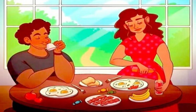 Teste de QI com a imagem de um casal desfrutando de um café da manhã simples com ovos, bacon, frutas e um refrigerante.