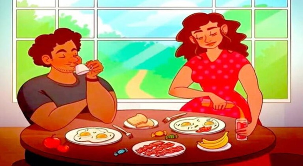 Teste de QI com a imagem de um casal desfrutando de um café da manhã simples com ovos, bacon, frutas e um refrigerante.